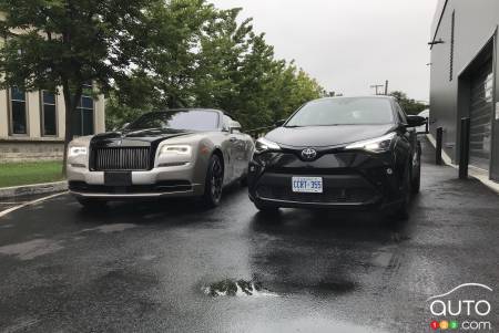 Fortuitous encounter between a C-HR Limited ($31,000) and a 2018 Rolls-Royce Dawn ($420,000): both have style.